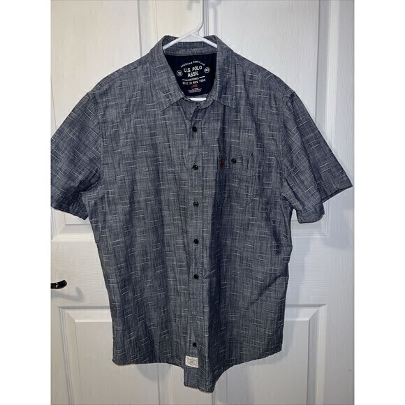 US‎ Polo Association Men’s Large Short Sleeve Button Up Navy Denim Grid Shirt - Picture 1 of 9